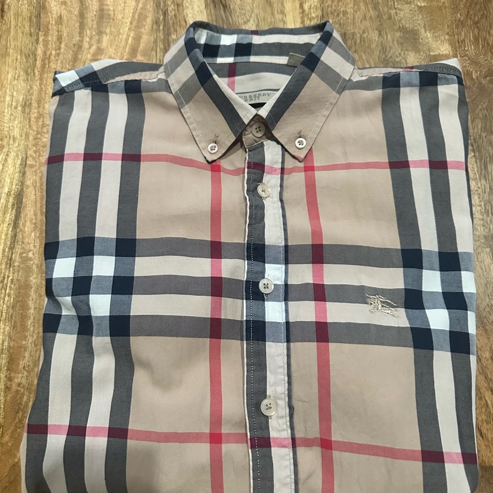 Burberry Tan and Red Plaid Button Down Shirt